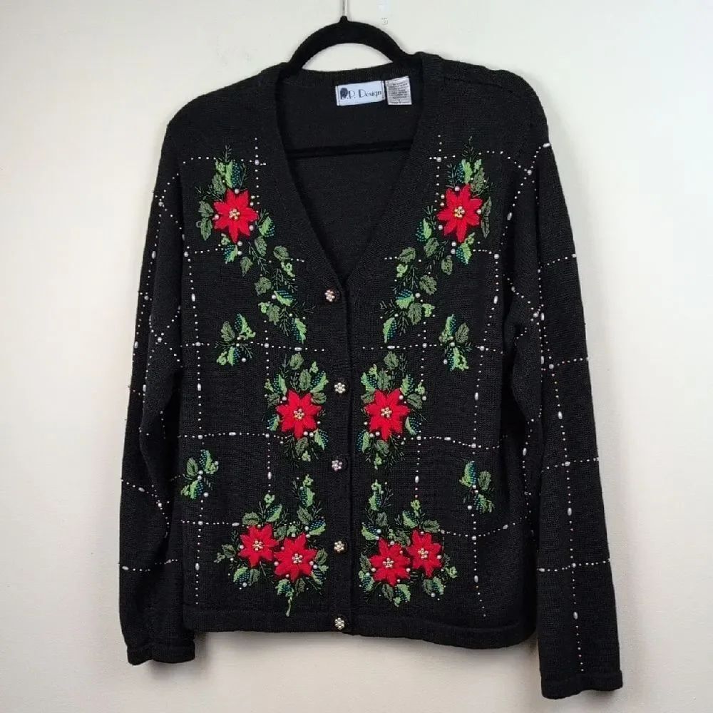 B P Designs Black Floral Embroidered Beaded Holiday Cardigan Sweater Vintage